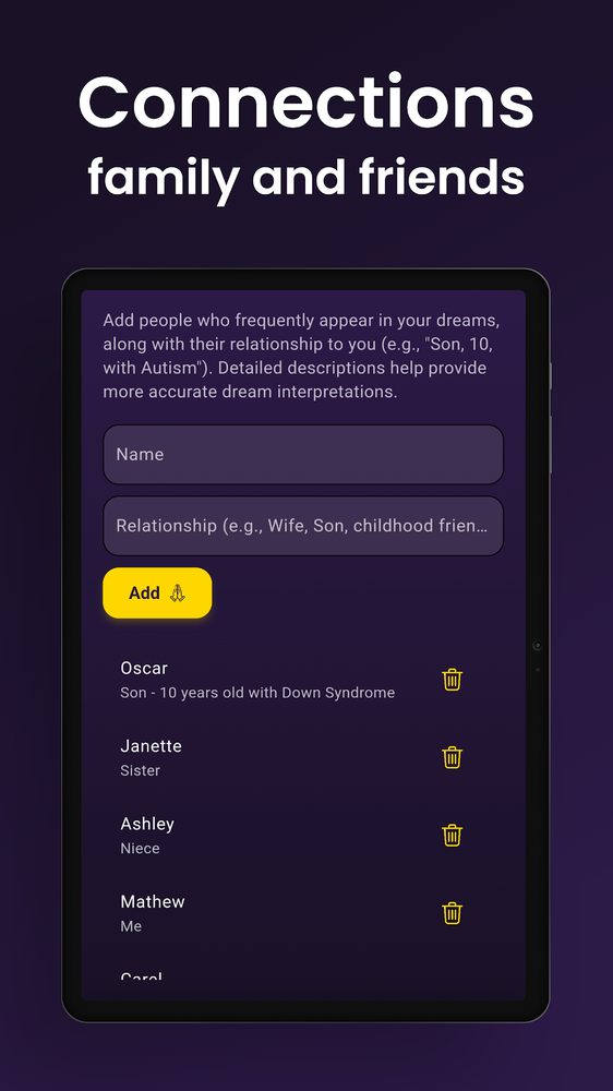 Adding family and friends for personalized dream interpretation in DreamPrayer
